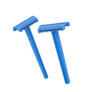 Two blue disposable razors with twin blades and ribbed handles are positioned diagonally against a plain white background.