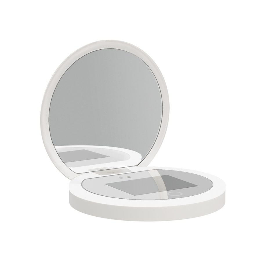 A sleek white compact mirror with an open lid.