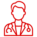 Doctor icon in red with stethoscope representing medical professionalism.