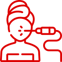 Aesthetic facial treatment icon with a woman and device in red outline.