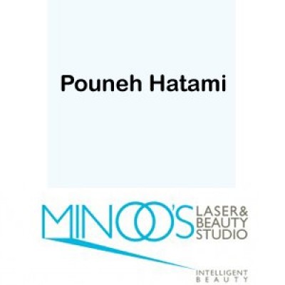 "Pouneh Hatami" is displayed above a logo reading "MINOO'S LASER & BEAUTY STUDIO INTELLIGENT BEAUTY," with a geometric design, featuring circles and lines, below the name.
